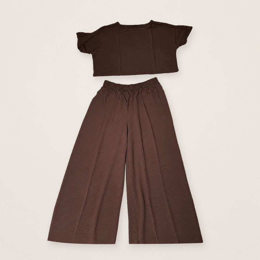 Adrianna Papell Womens 2 Piece Set Brown Crinkle Top Wide Leg Pants 1964176 S